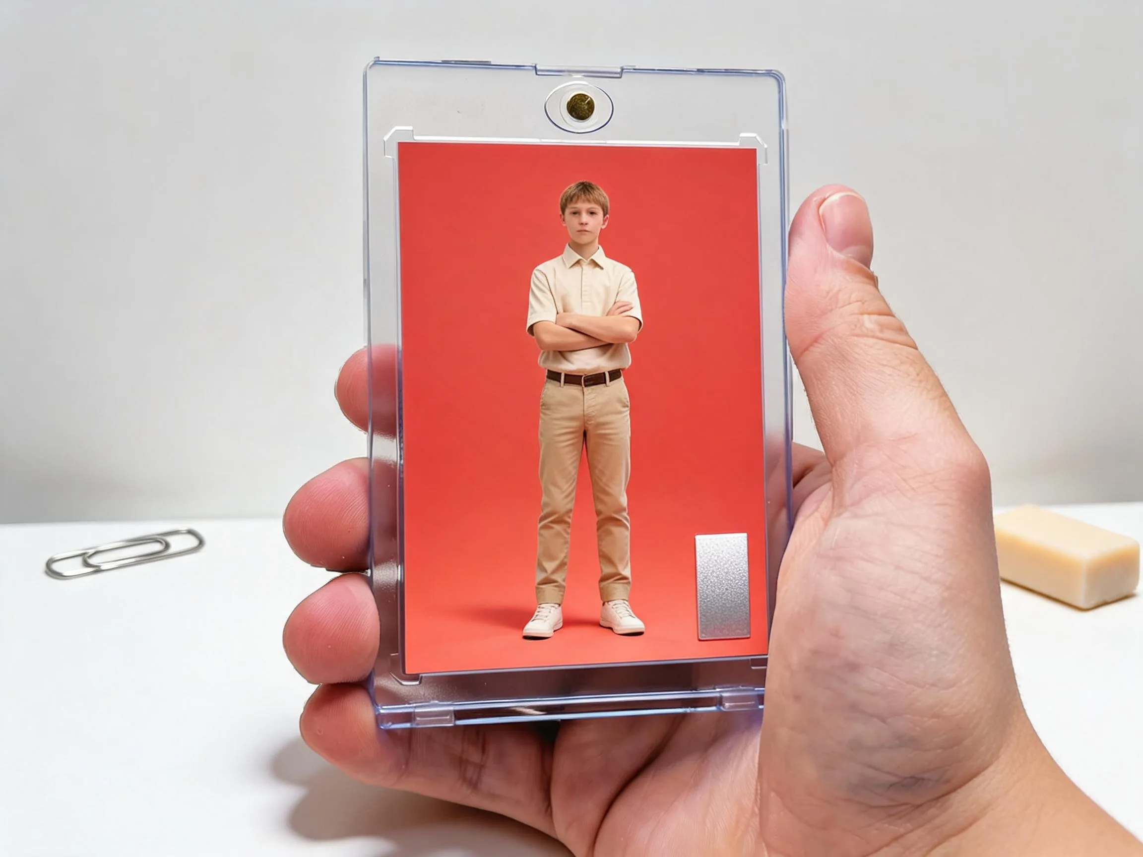 Custom keepsake trading card in a magnetic case on a white tabletop display.