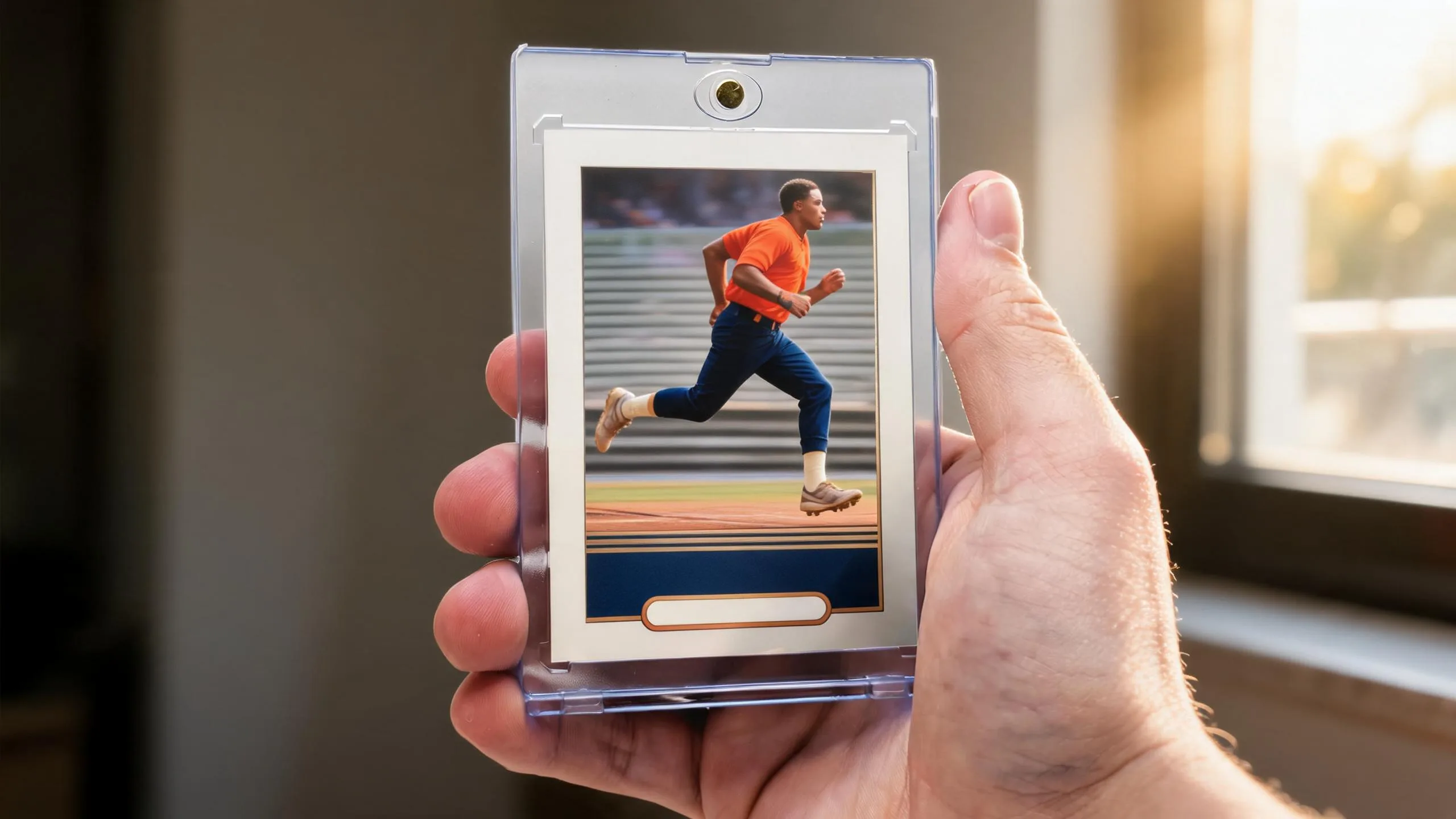 Hand holding a panini card generator magnetic case with a golden-hour athlete card design.