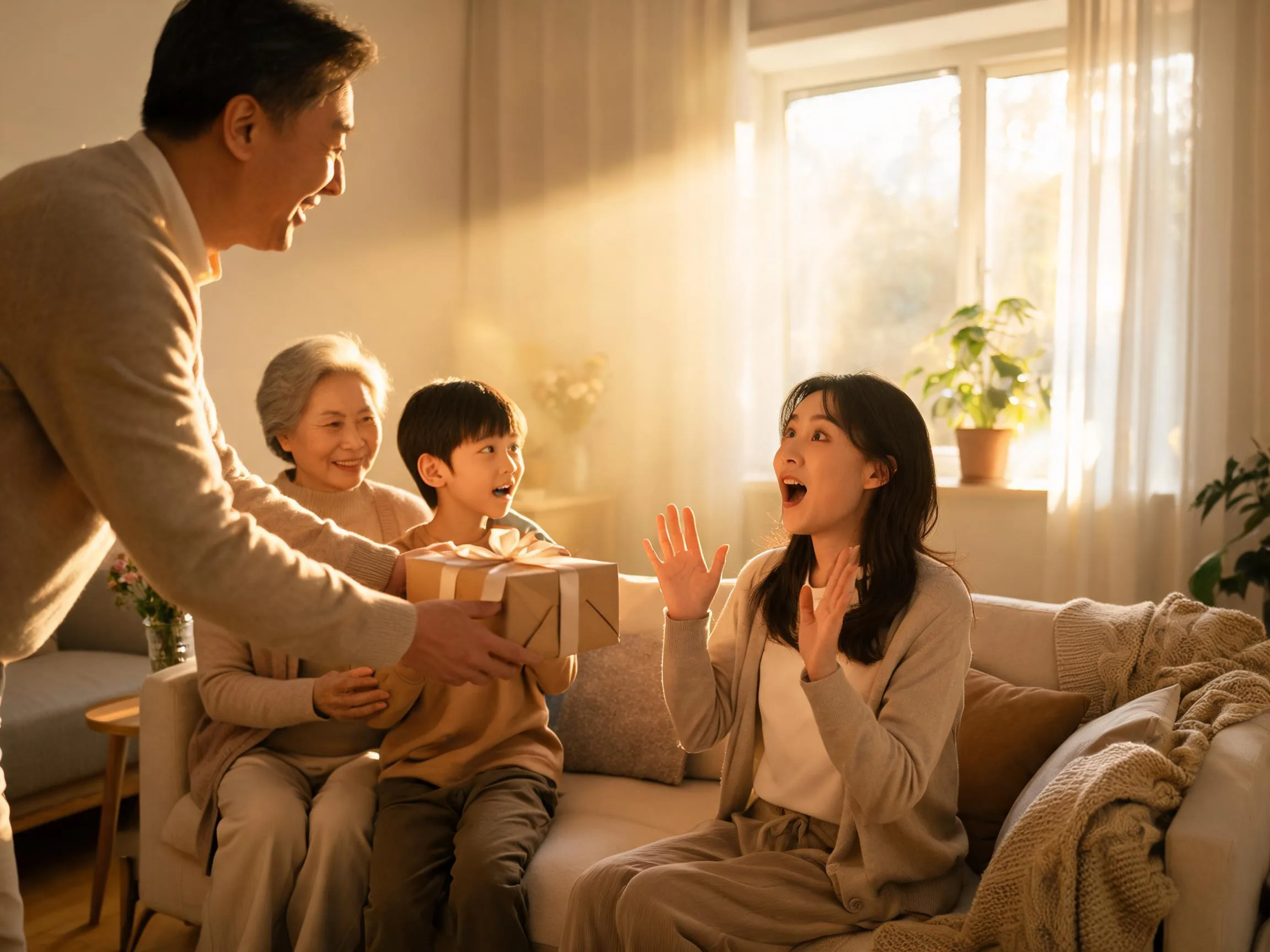 Family member reacting with genuine surprise to an unexpected gift in warm light.
