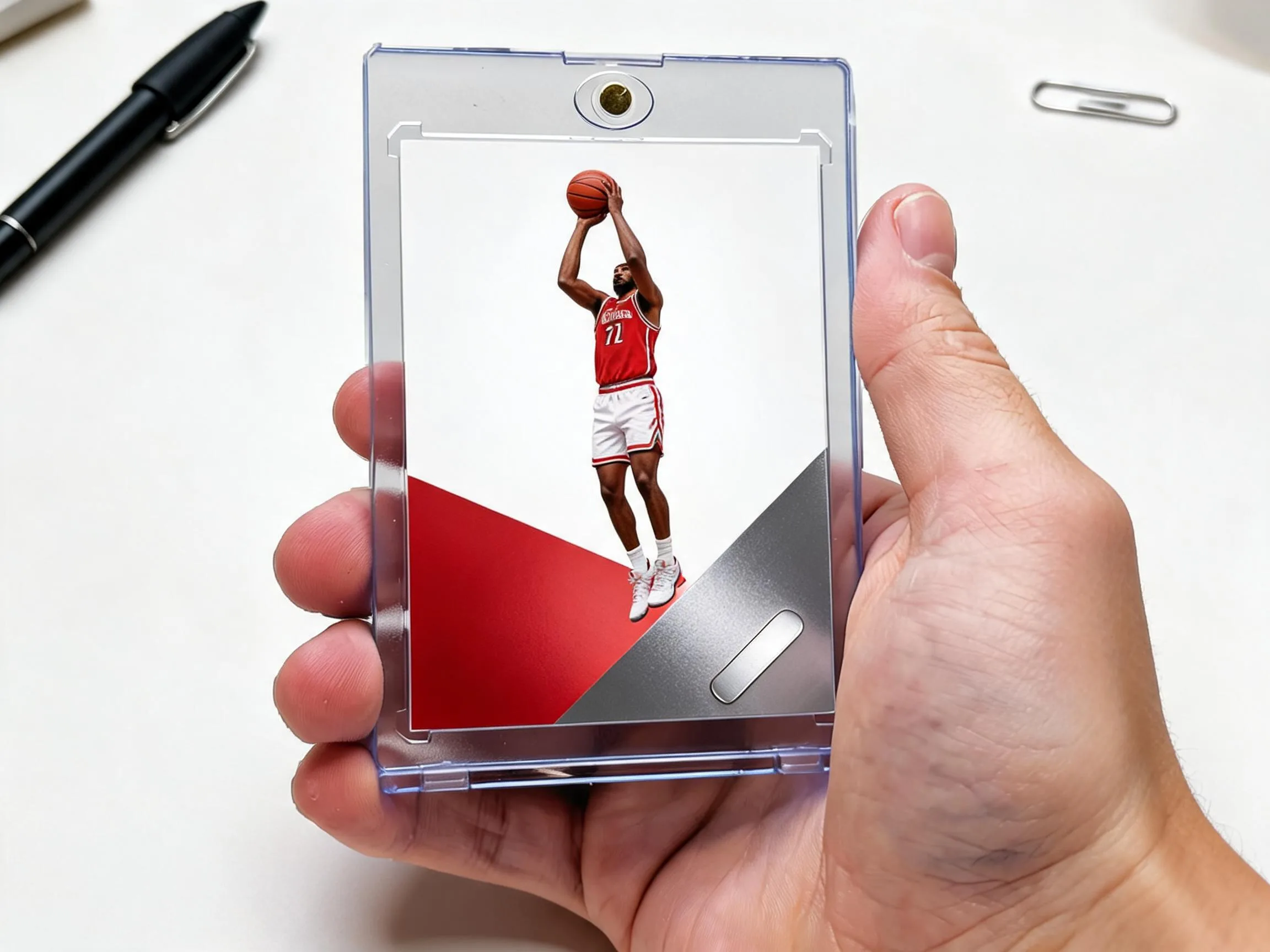 Custom keepsake trading card in a magnetic case with a diagonal crimson band design.