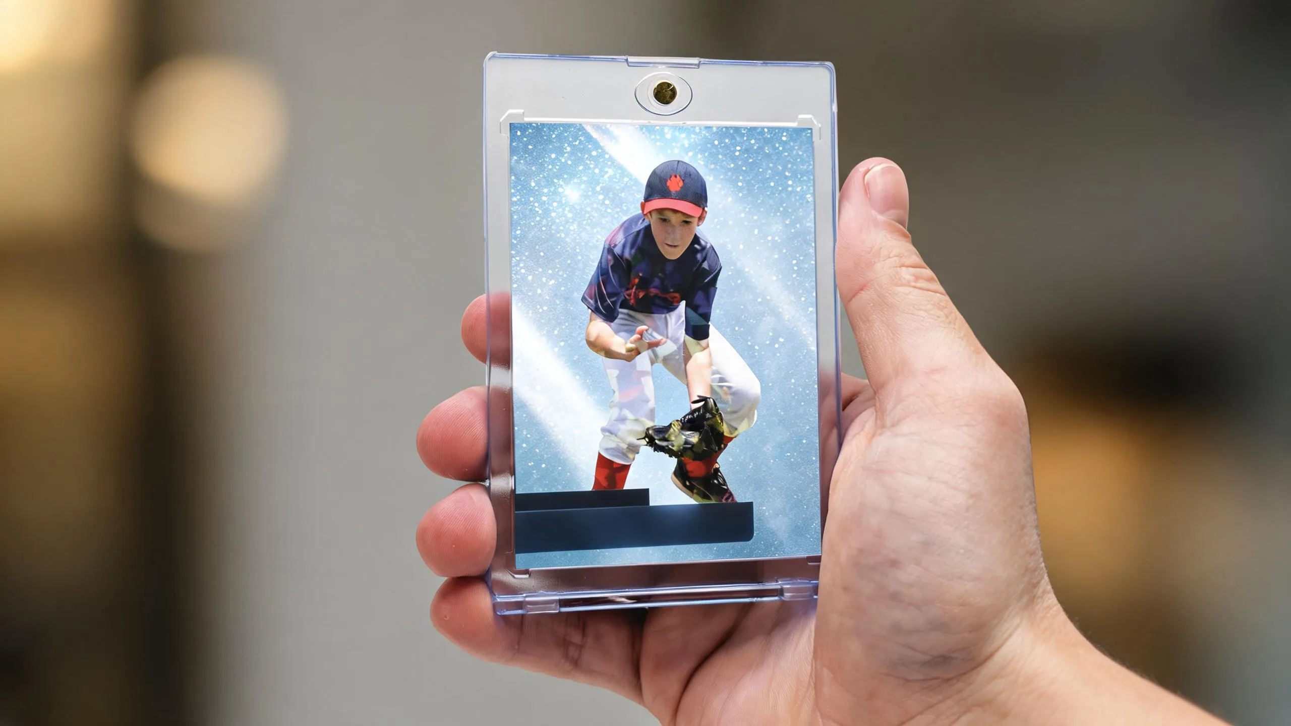 Hand holding a panini card maker case with a silver-blue refractor athlete card, golden light.