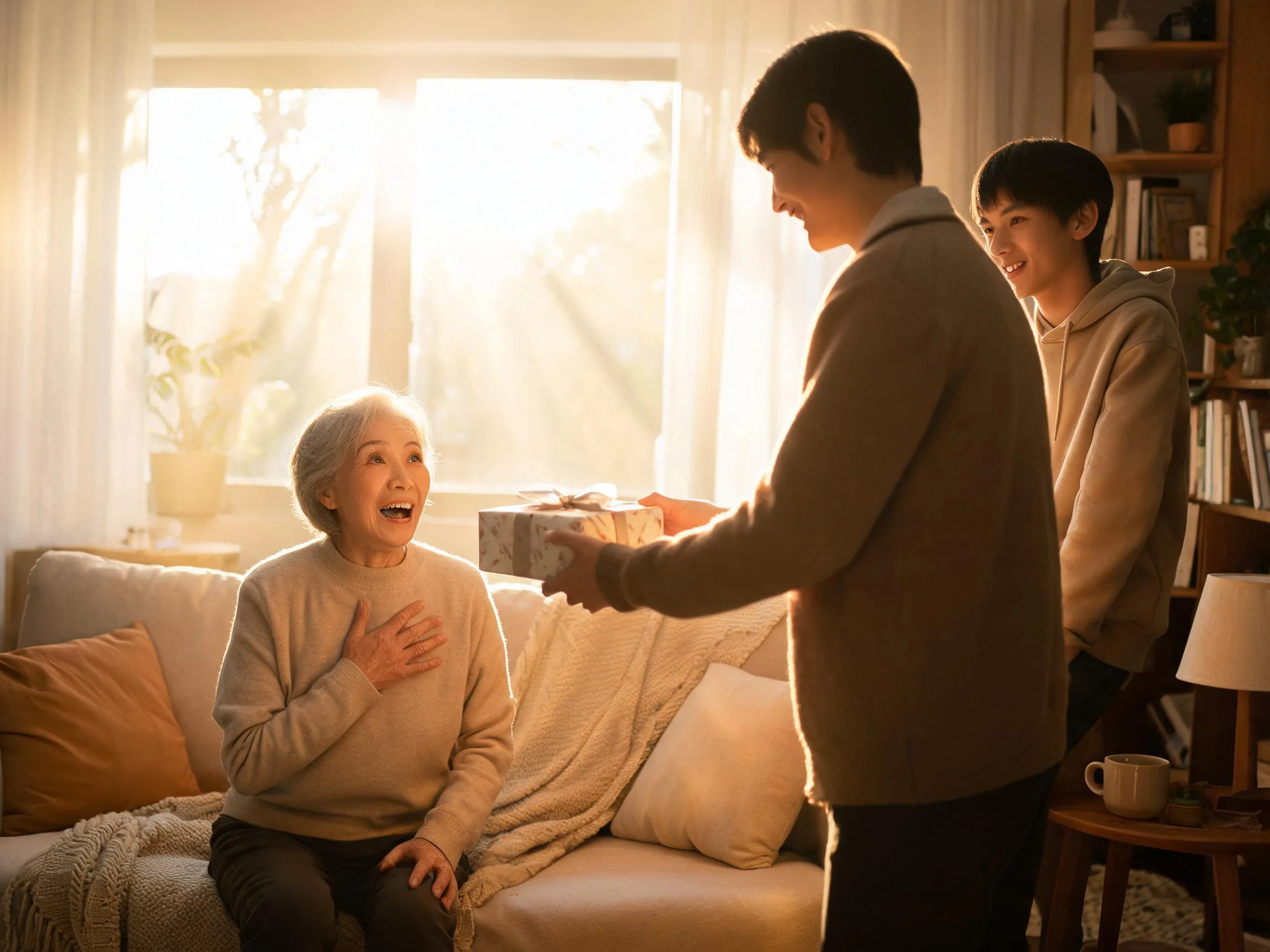 Older adult reacting with joyful surprise to an unexpected gift in warm sunlit room.