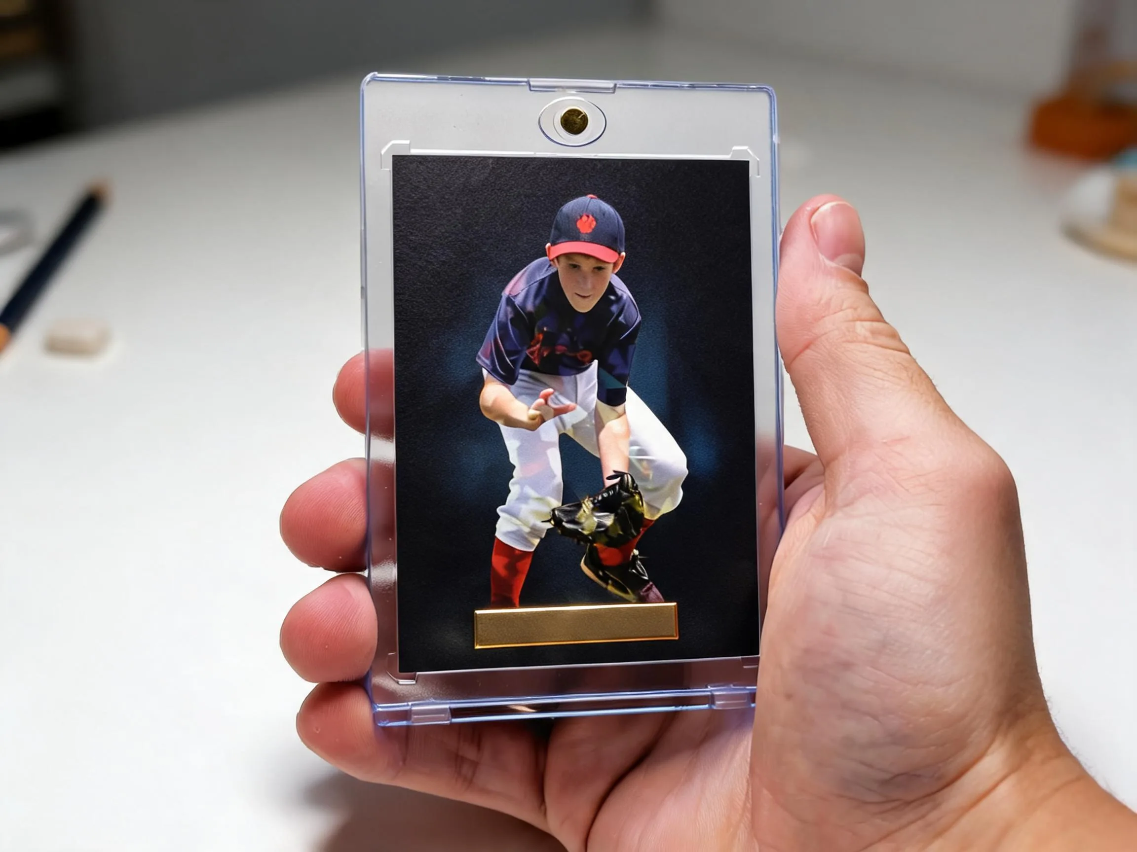 Custom keepsake trading card in a magnetic case, dark linen design with gold foil tab.