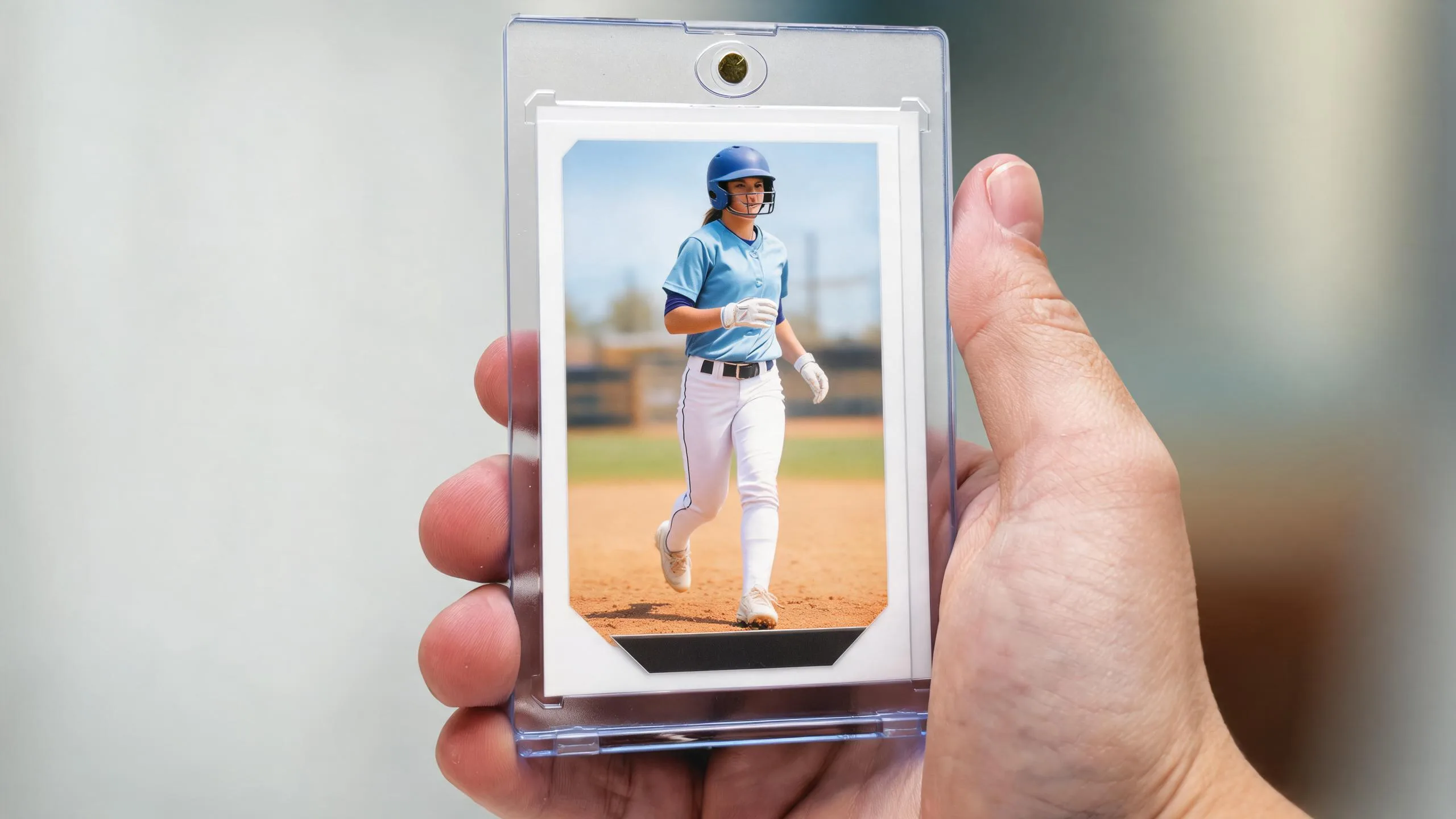 Hand holds magnetic case with athlete card, illustrating panini cards value in sunlit display.