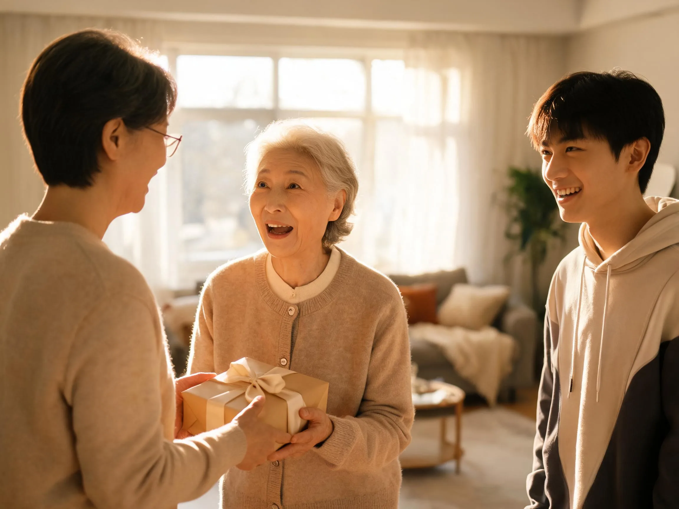 Family member reacts with genuine surprise while receiving an unexpected heartfelt gift.