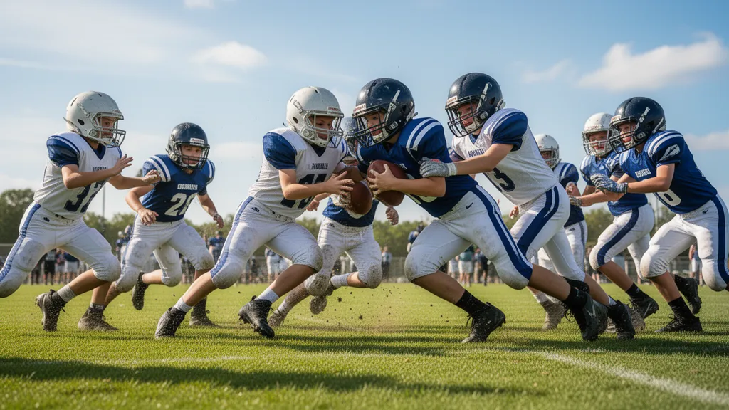 Football players in action during an intense outdoor game under natural sunlight