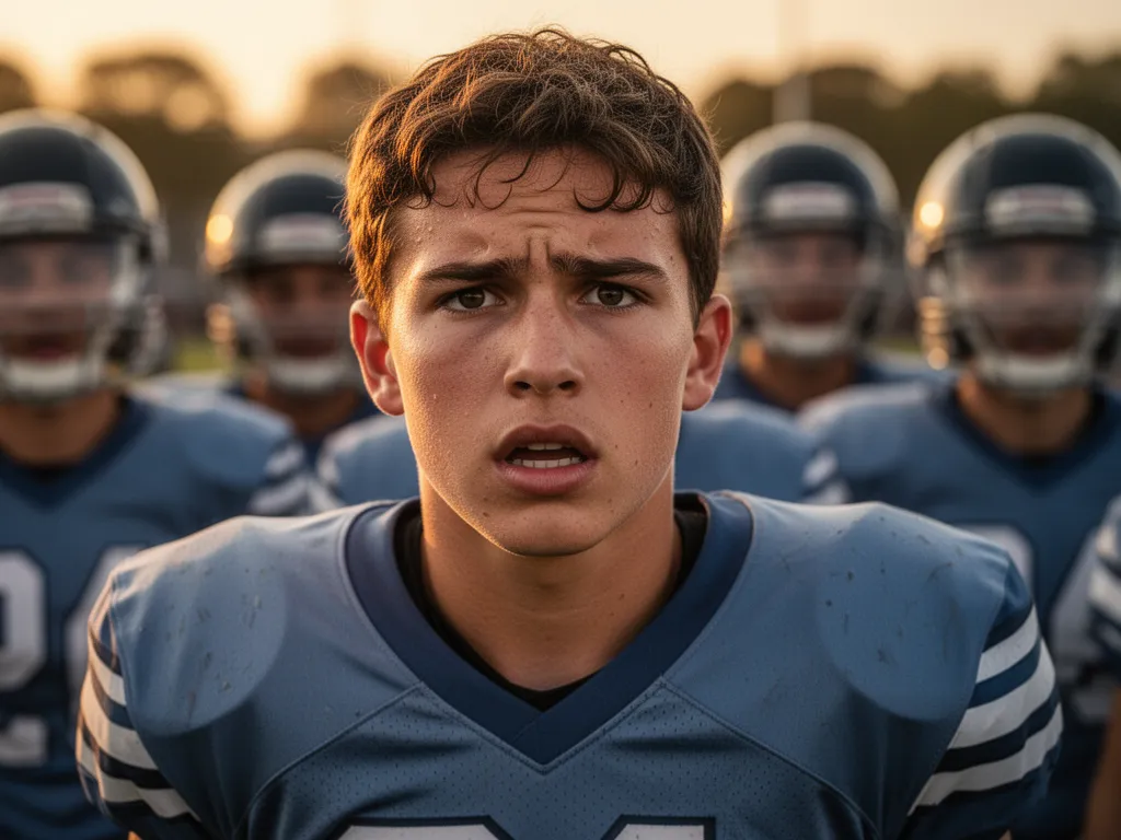 Young football player with determined expression wearing uniform during competitive game