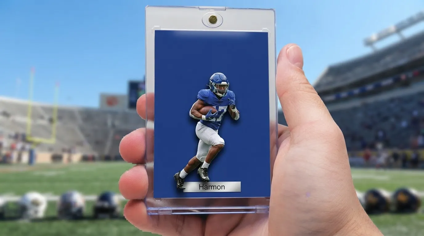 Hand holding magnetic case with panini football cards nearby, cobalt editorial card, stadium lights blurred behind.