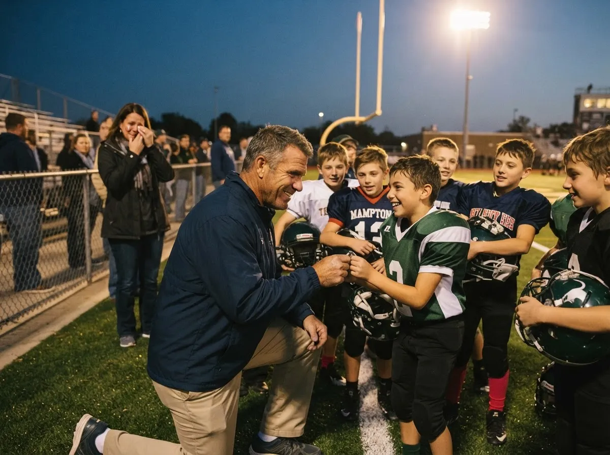 Coach and young football player share emotional moment on field under Friday night lights.