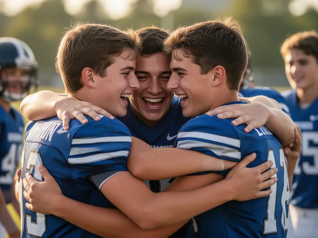 Football teammates celebrating together showing emotional connection and team camaraderie after successful play