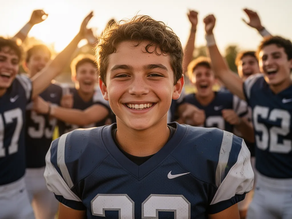 [Young football athlete beaming with joy surrounded by celebrating teammates in warm sunlight]