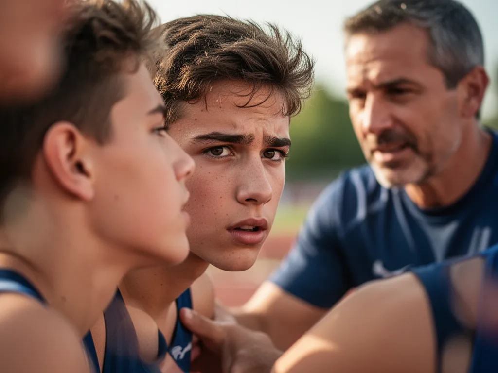 Young athlete's determined expression with coach support visible during outdoor sports moment