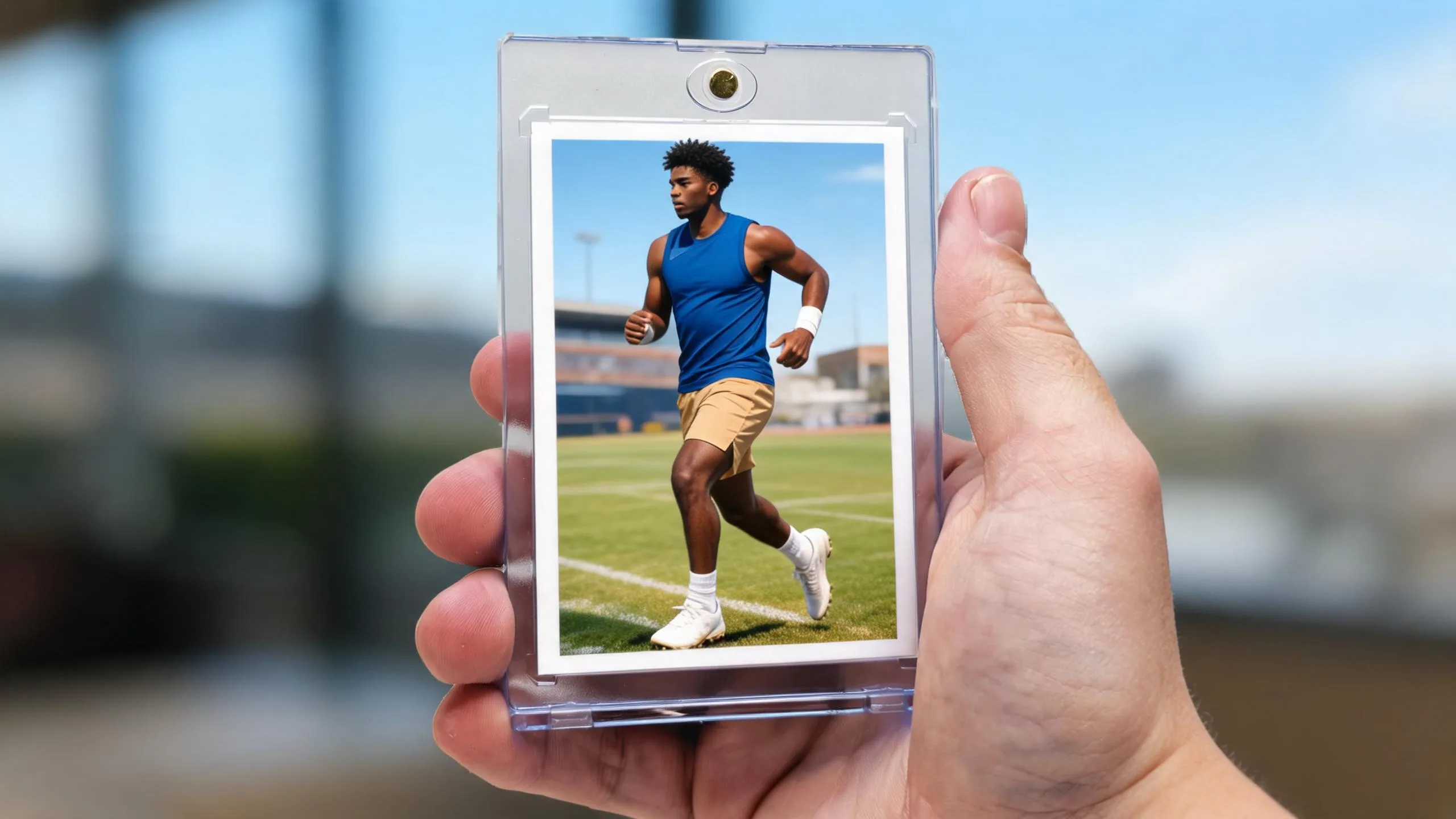 Hand holding magnetic case with custom panini sticker wm 2026 style athlete card, sunlit stadium design.