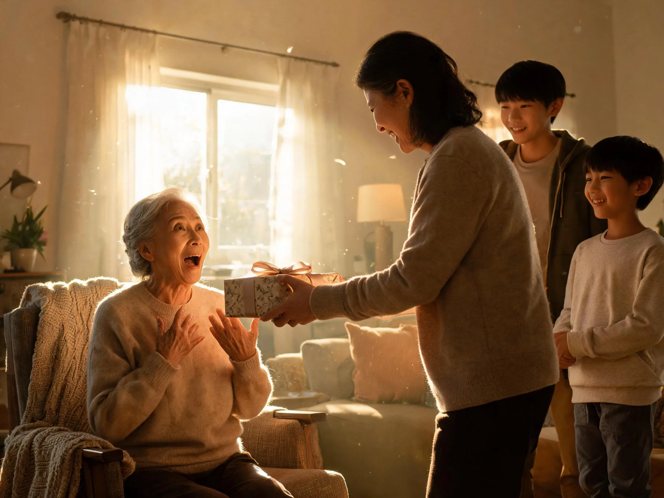 Elderly person reacting with joyful surprise to an unexpected gift from family, warm lighting.