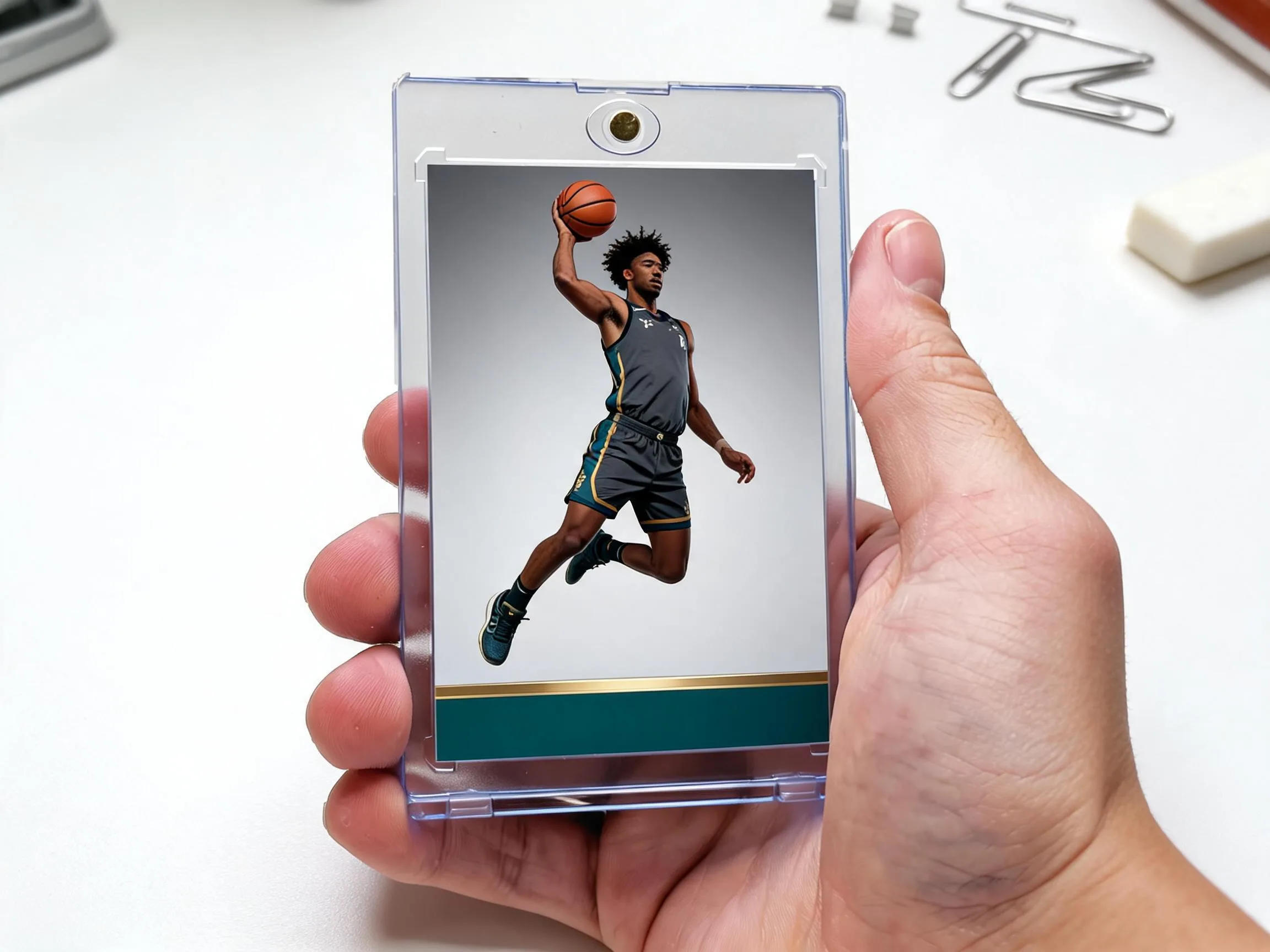 Custom keepsake trading card in magnetic case, teal and gold footer design on tabletop.