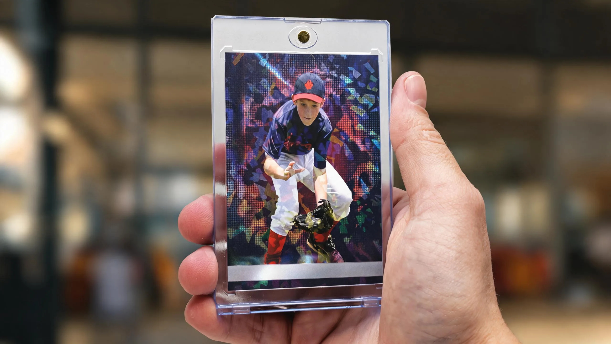 Hand holds a magnetic case with a custom panini sticker–style athlete card, golden light.
