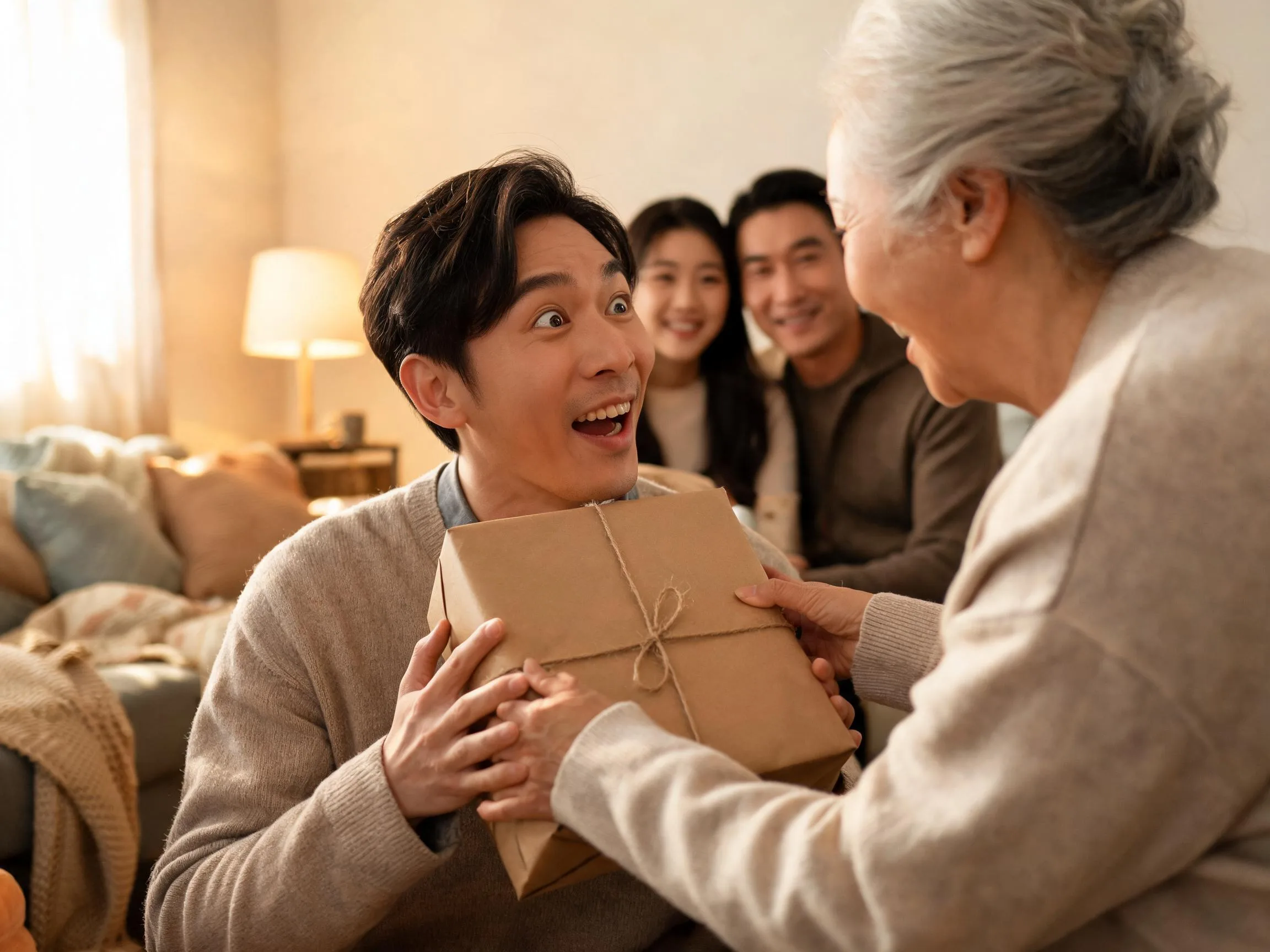 Person reacting with genuine surprise while being handed an unexpected gift indoors.