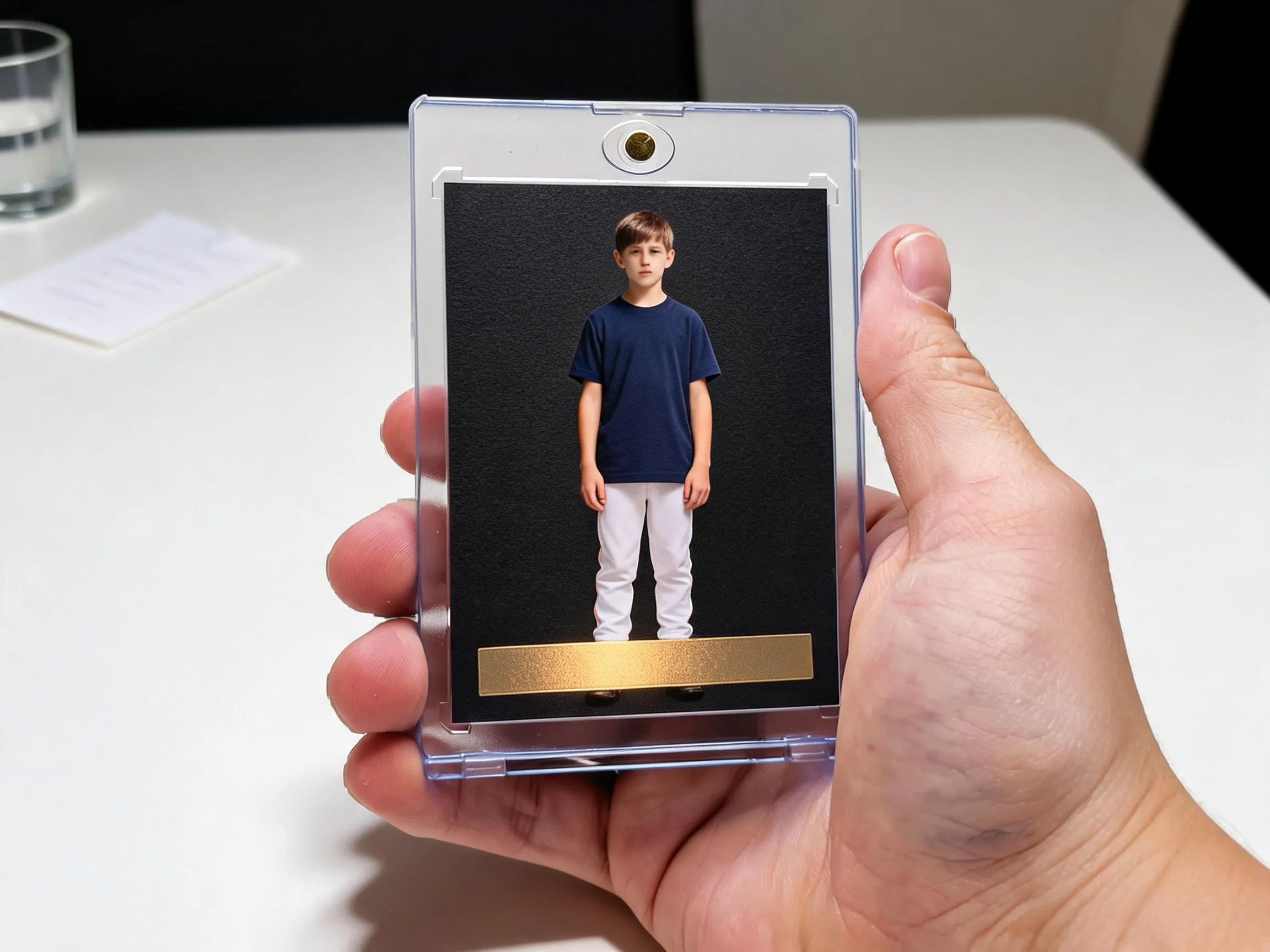 Custom keepsake trading card in a magnetic case displayed on a white tabletop.