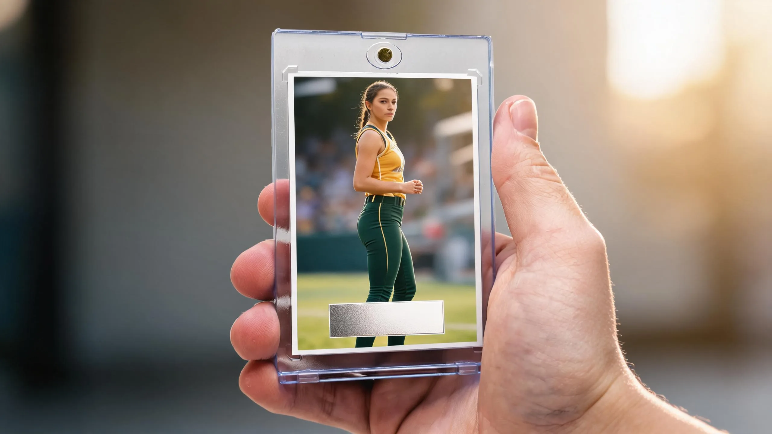 Hand holding magnetic case with athlete card, illustrating panini trading cards value and quality.