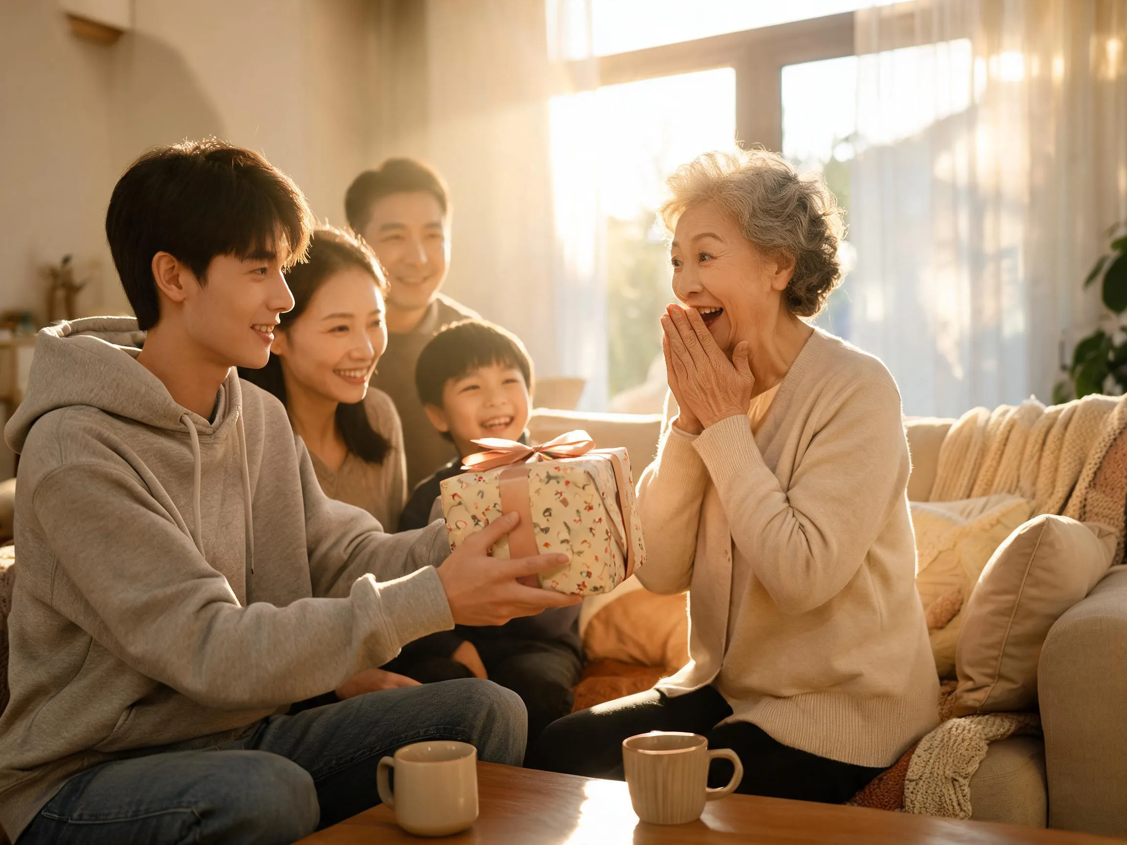 Grandmother reacting with joyful surprise while receiving an unexpected gift indoors.