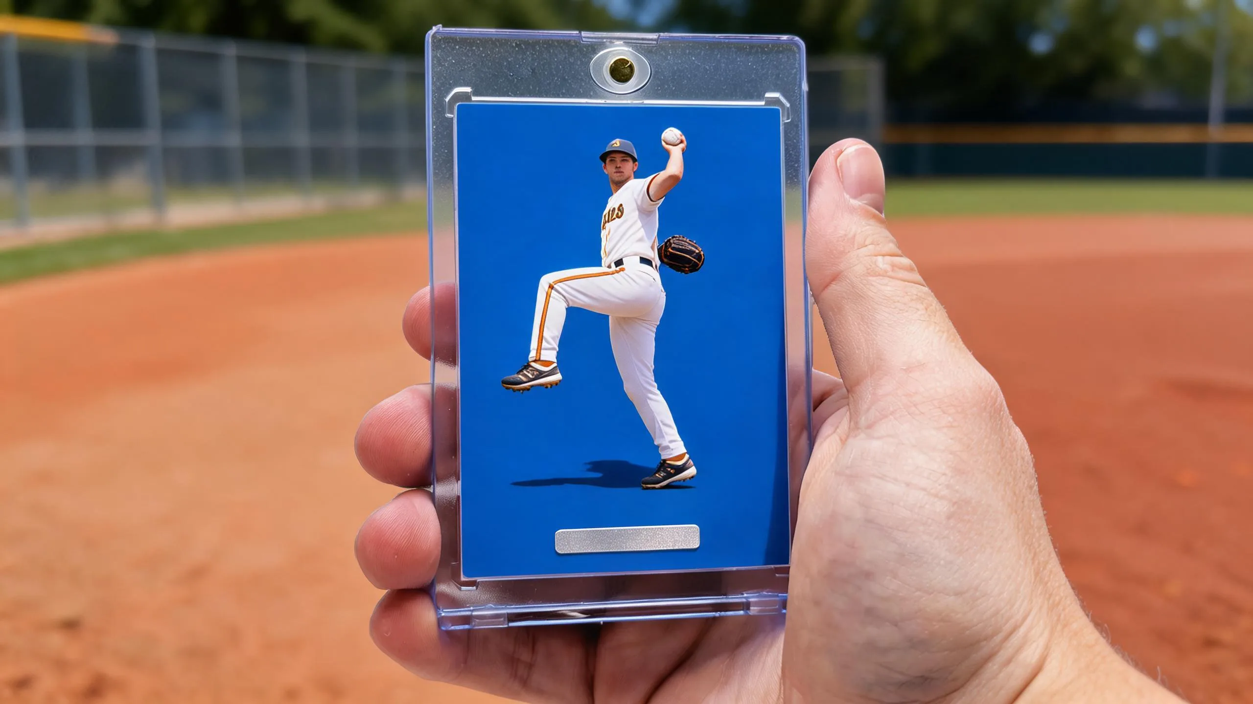 Hand holding personal baseball cards in a magnetic case, pitcher design, sunlit diamond behind.