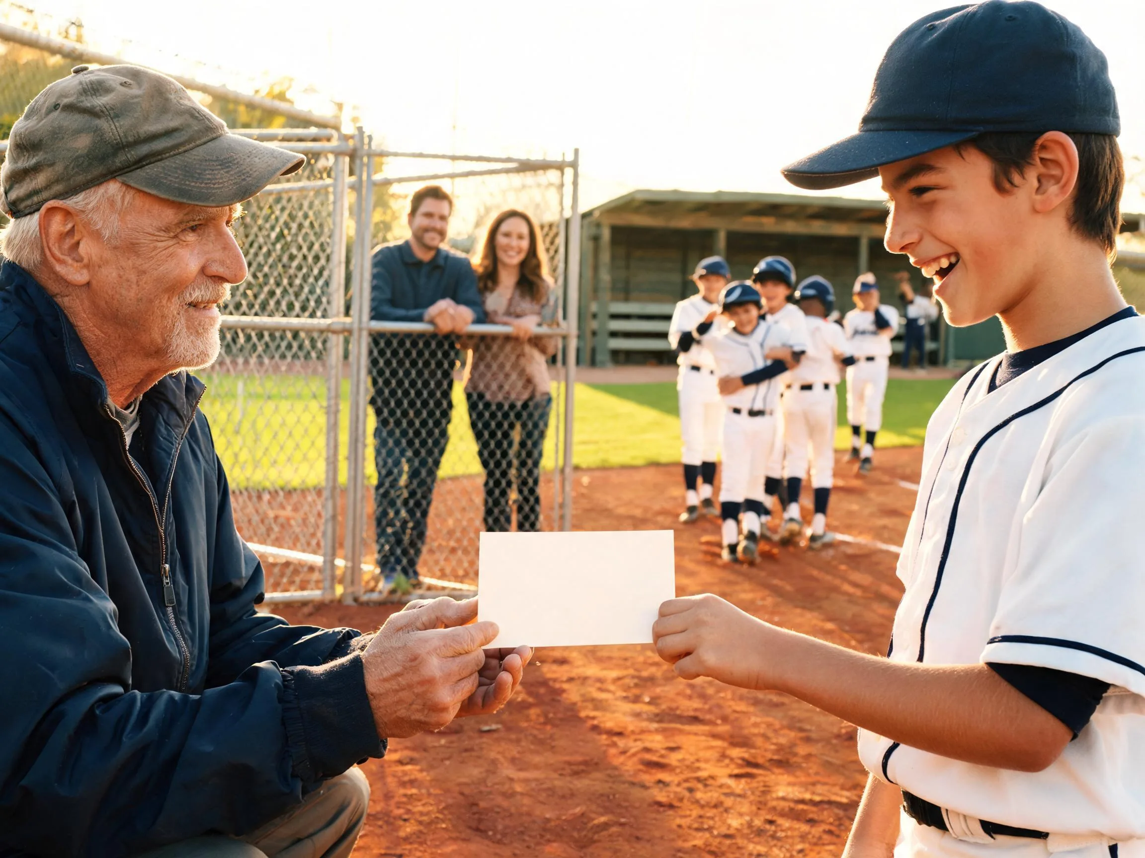 Coach and proud parents celebrate with young baseball player near sunlit dugout and fence.