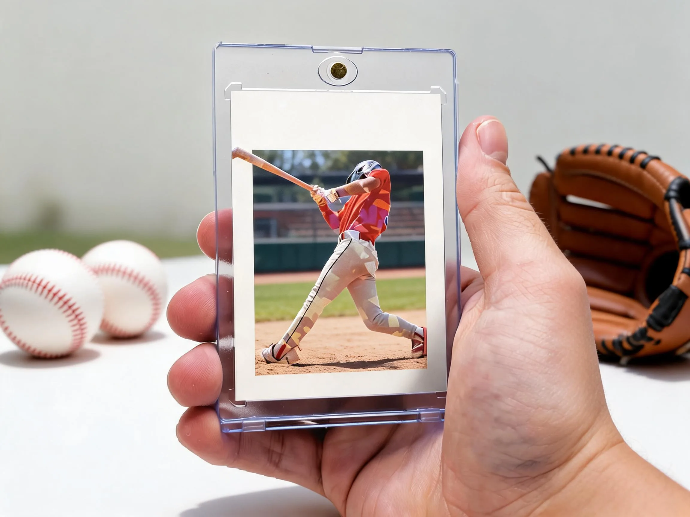 Custom baseball trading card of a batter in a clear magnetic display case.