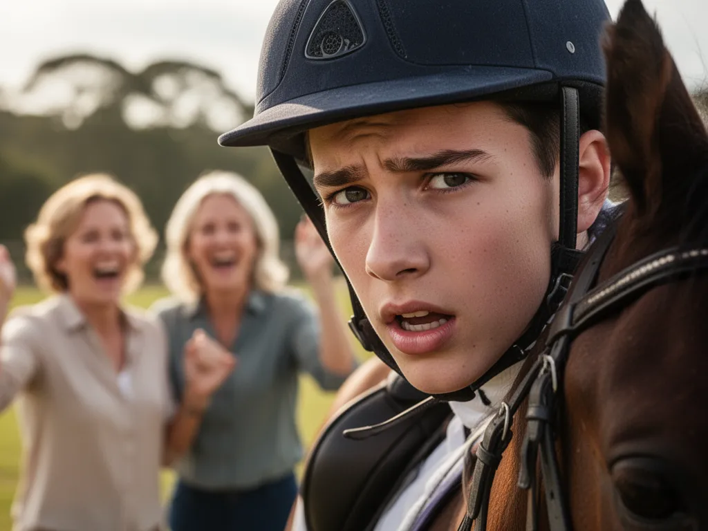 [Young equestrian athlete with focused expression while parents smile proudly in background at competition]