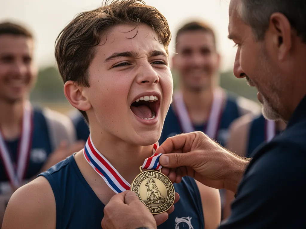 Young athlete's emotional face as coach places personalized medal around their neck in celebration moment