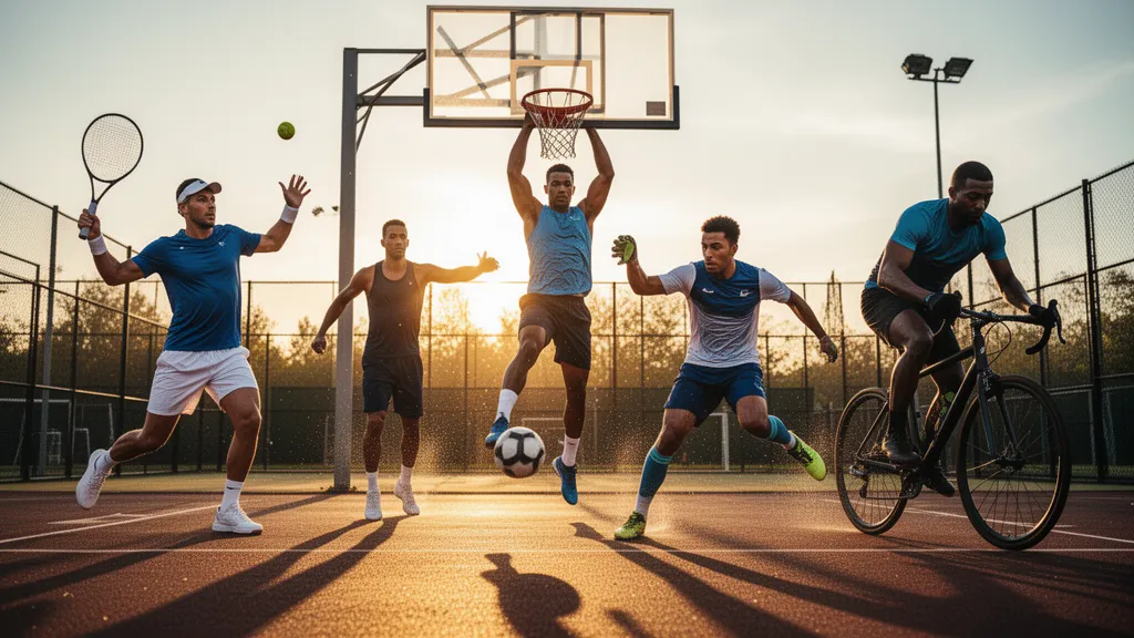 Multiple athletes in different sports competing simultaneously with intense motion and natural outdoor lighting