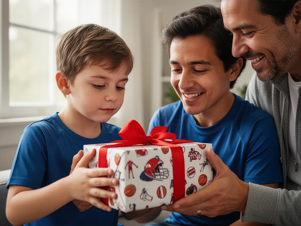 Parent giving personalized sports gift to excited young athlete indoors with natural window lighting