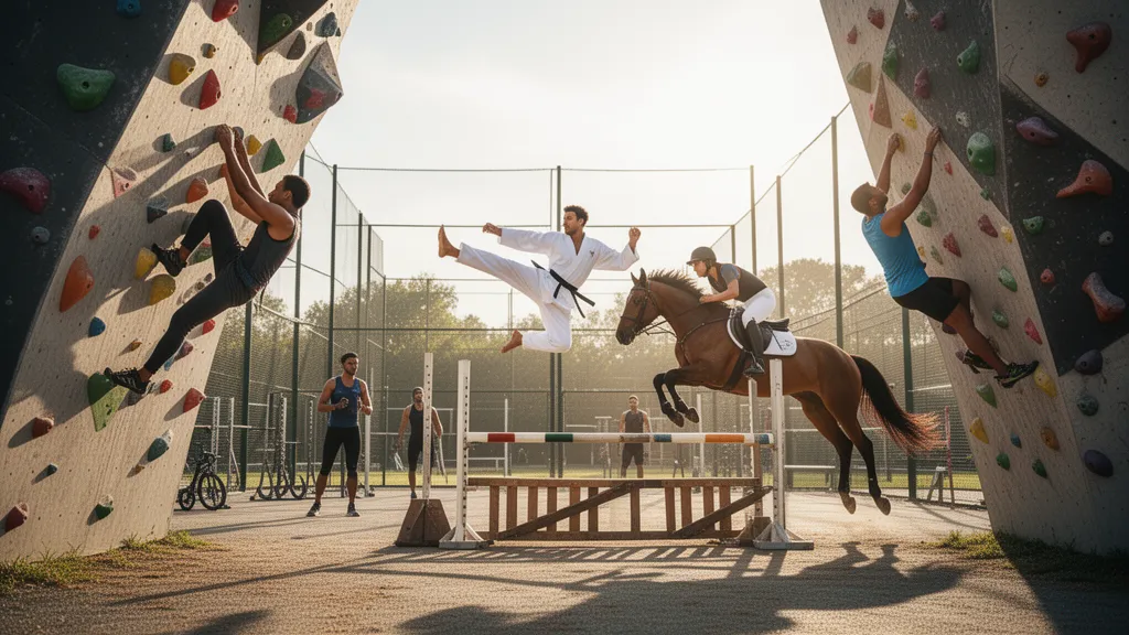 Multiple athletes competing in different sports captured mid-action with natural outdoor lighting and dynamic energy.