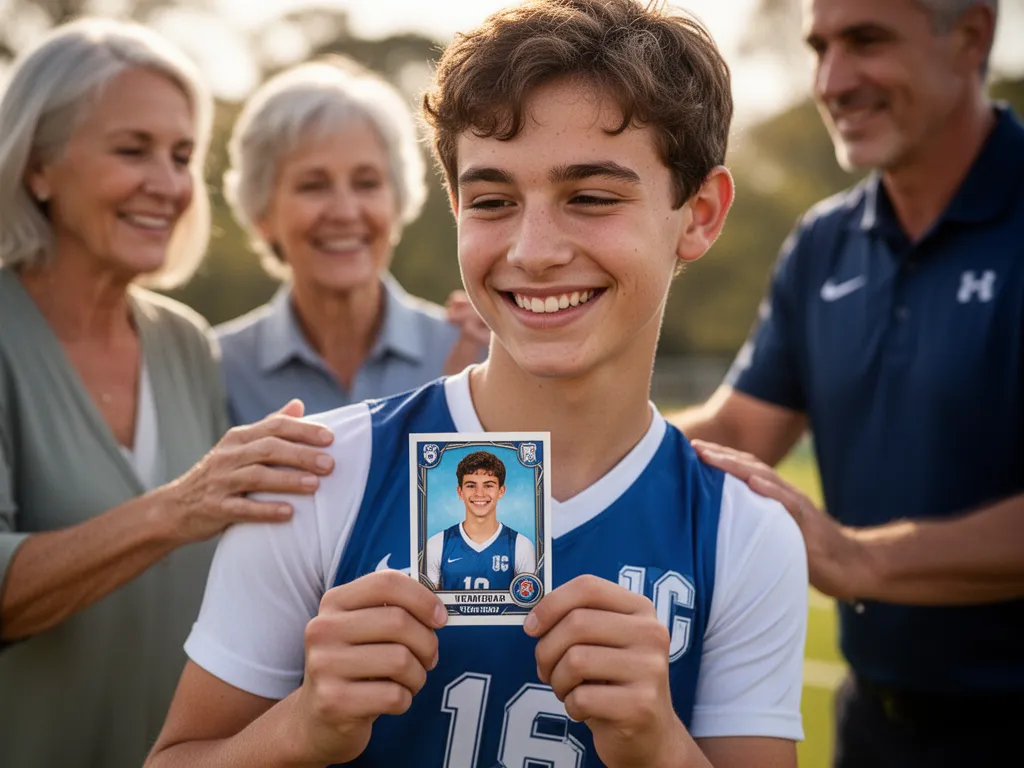 Young athlete smiling proudly while holding personalized trading card with supportive adults visible in background.