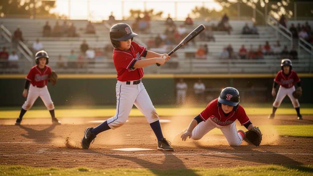 Young baseball players in action during a game with dynamic motion and natural lighting