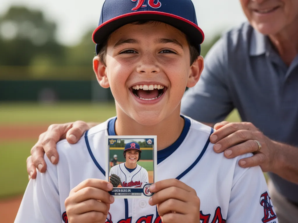 Child smiling while holding personalized baseball card with parent's supportive hand visible