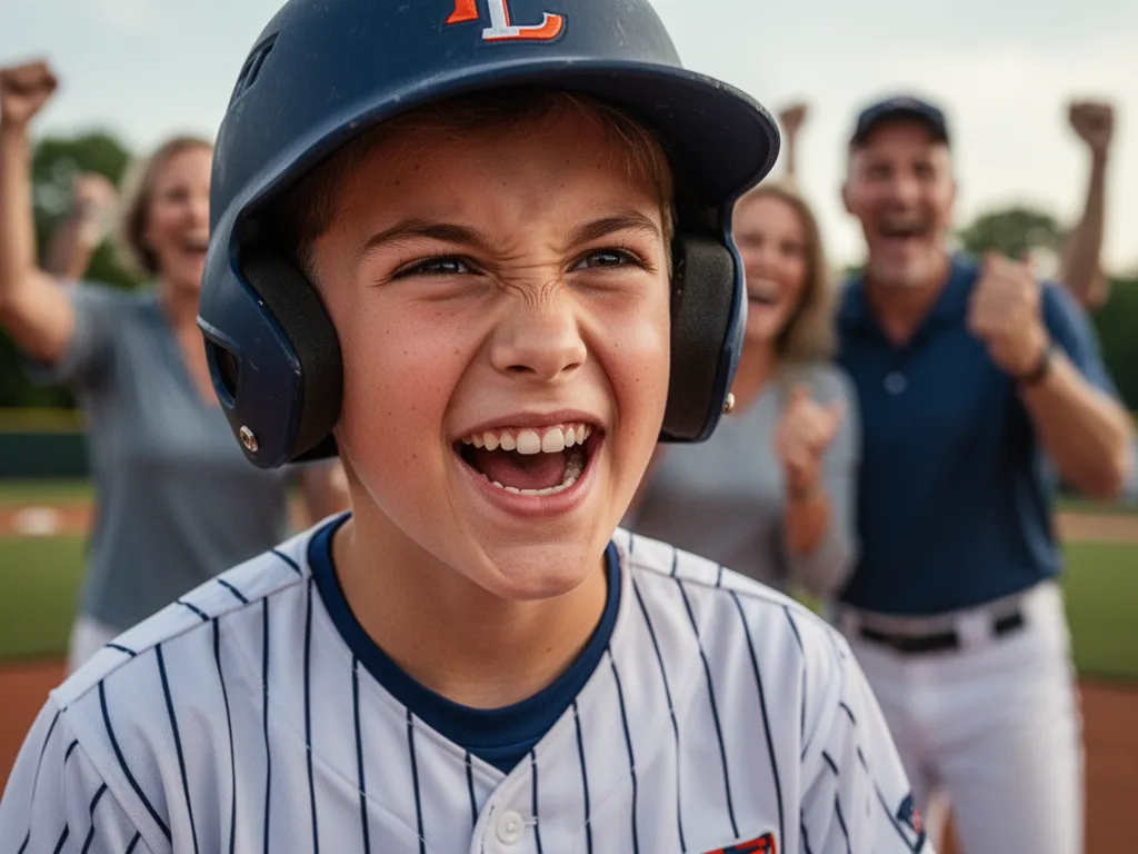 [young baseball player smiling with pride while parents cheer in the background during game]