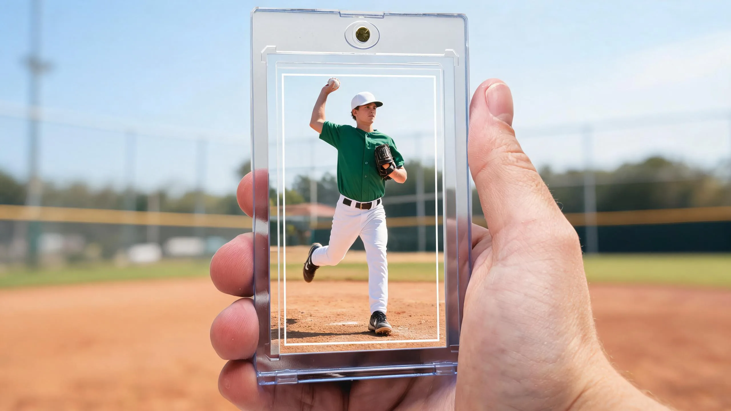Hand holding personalized baseball trading card of a pitcher in a magnetic acrylic case outdoors.