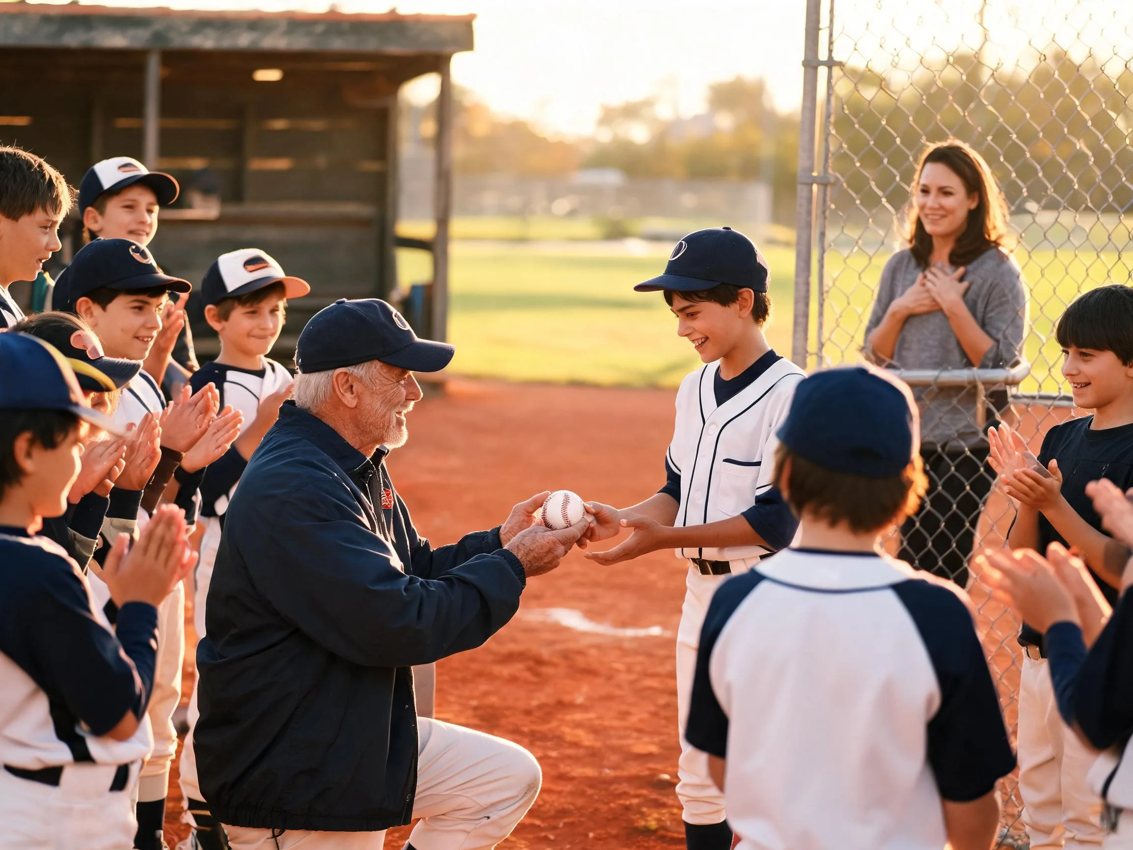 Coach and young athlete share a proud, emotional moment on a sunlit baseball field.