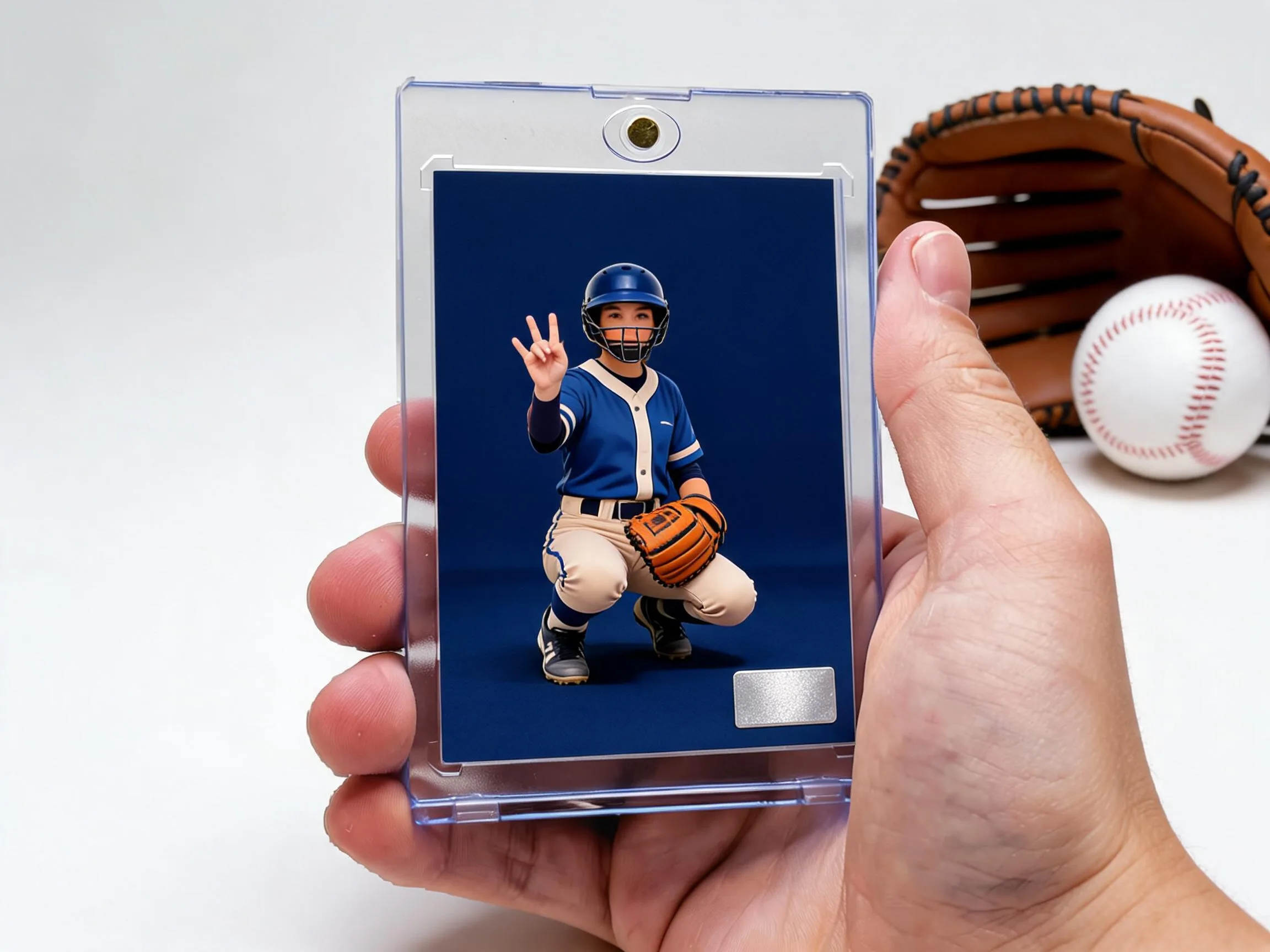 Custom baseball trading card of a catcher displayed in a clear magnetic case.