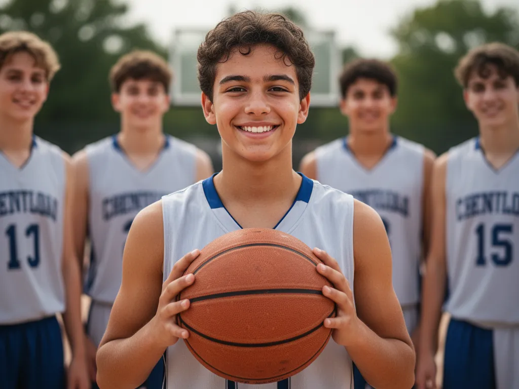 Young basketball player holding ball with proud expression and teammates in background