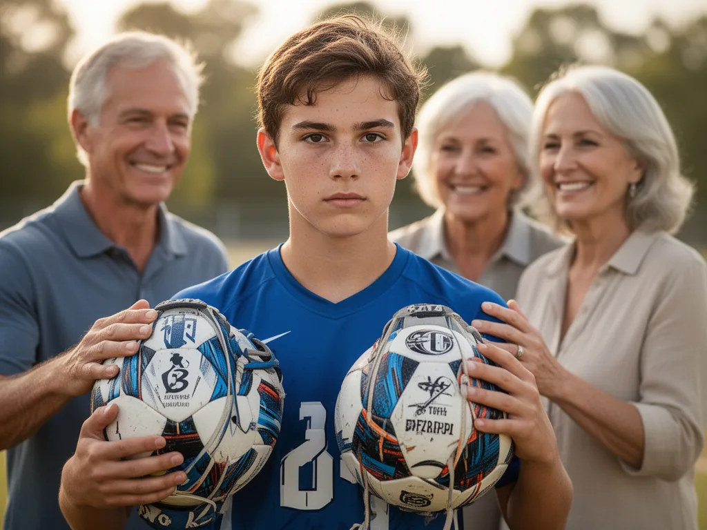 [Young athlete smiling while holding personalized sports item with proud parents in warm background]