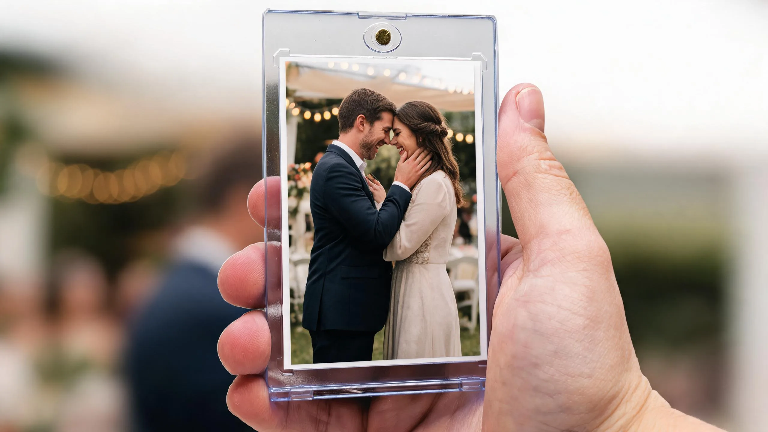 Hand holding personalized deck of cards wedding keepsake card in clear magnetic acrylic case outdoors.