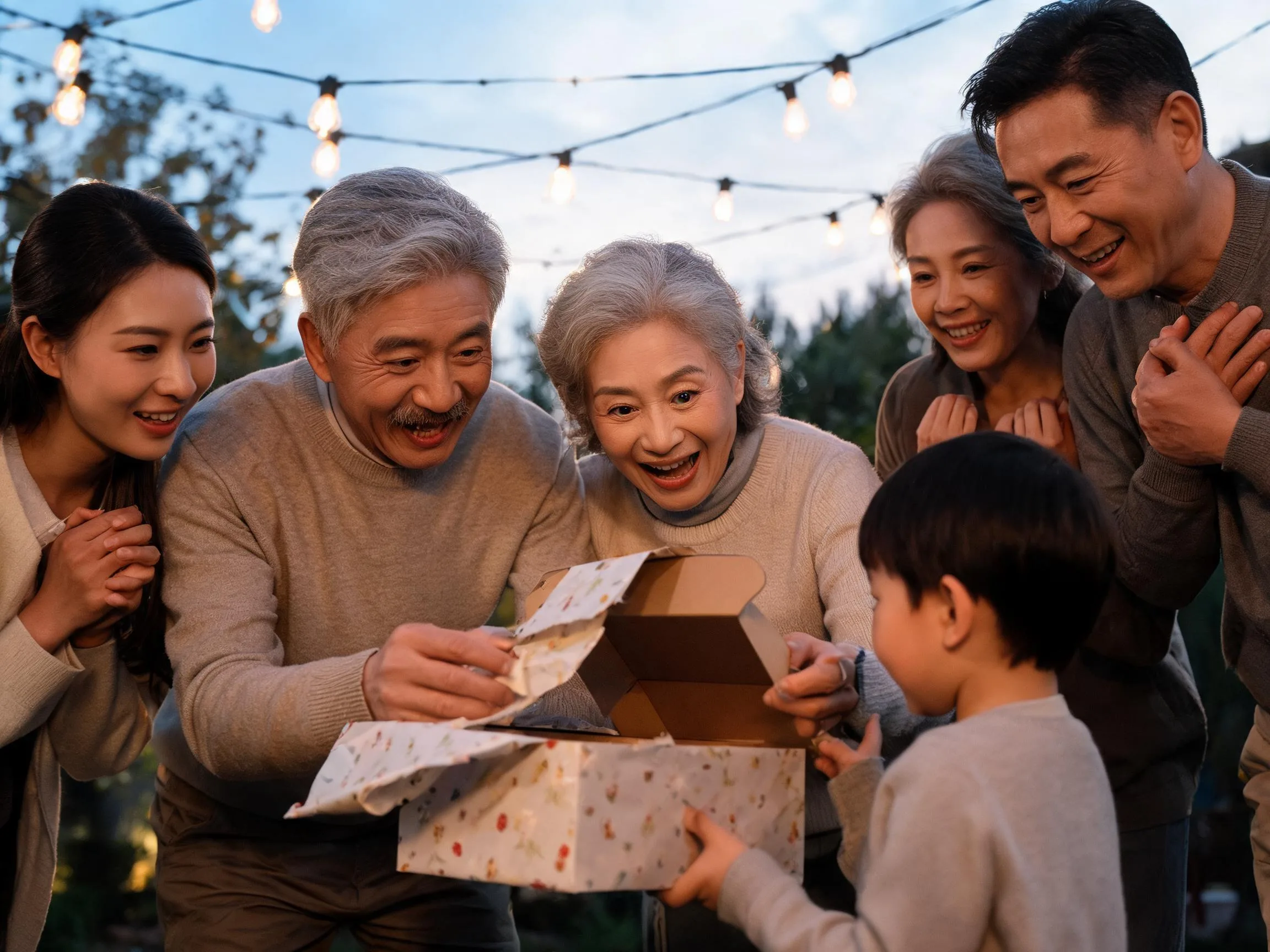 Multi-generational family sharing joyful surprise during a gift-unwrapping moment at a wedding.