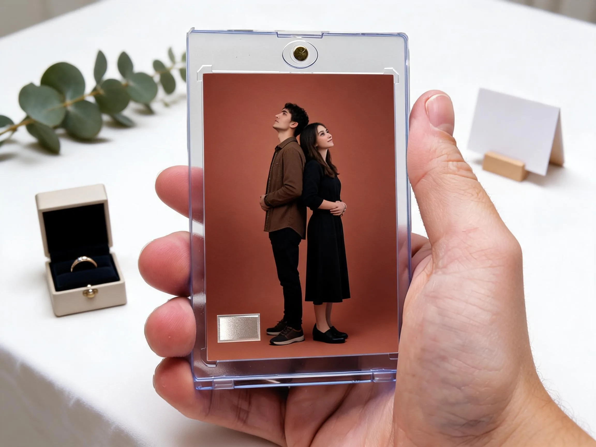 Custom wedding keepsake trading card in magnetic case beside bouquet and ring box.