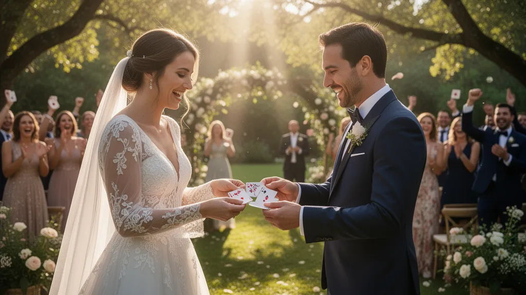 Bride and groom exchanging personalized playing cards at outdoor wedding ceremony with cheering guests