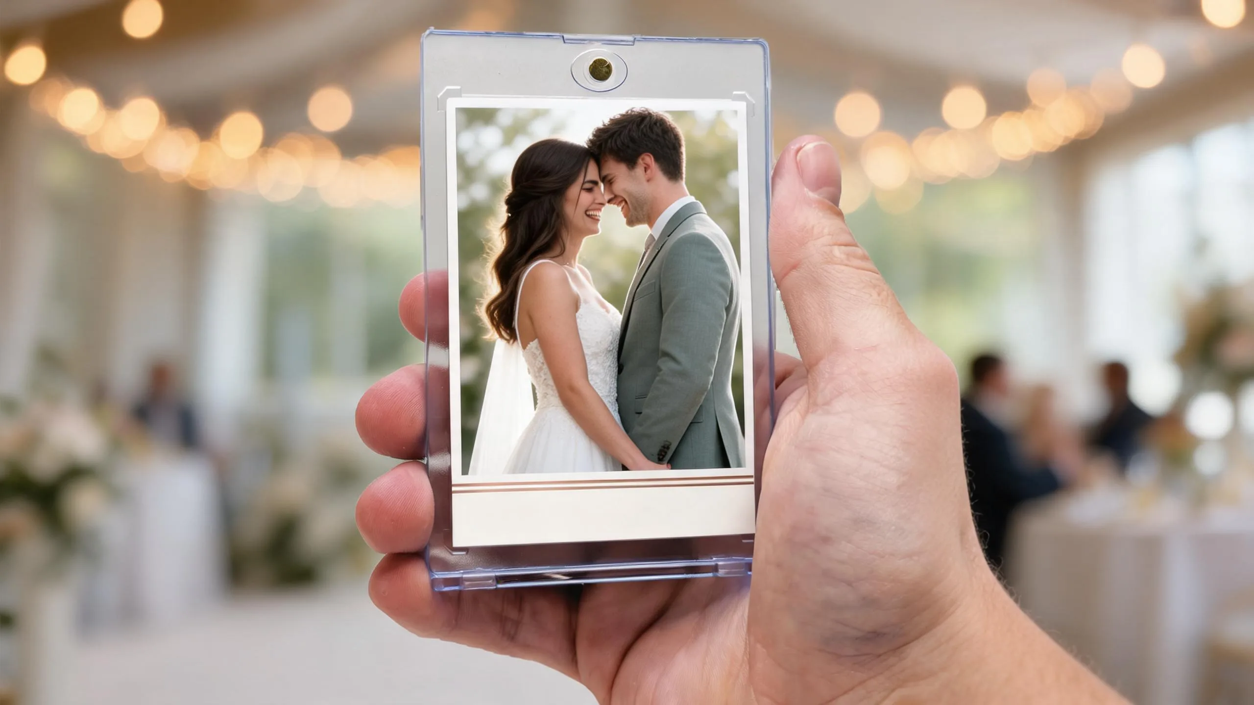 Hand holding personalized deck of playing cards wedding card in magnetic case, couple portrait design.