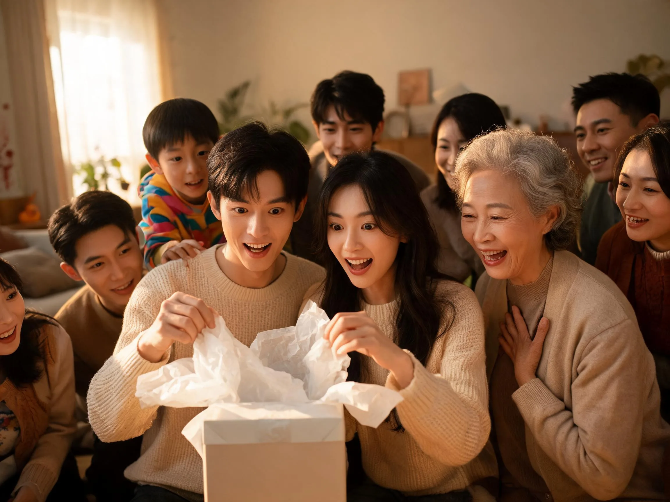 Family and friends share a joyful surprise during a heartfelt wedding gift-giving moment.