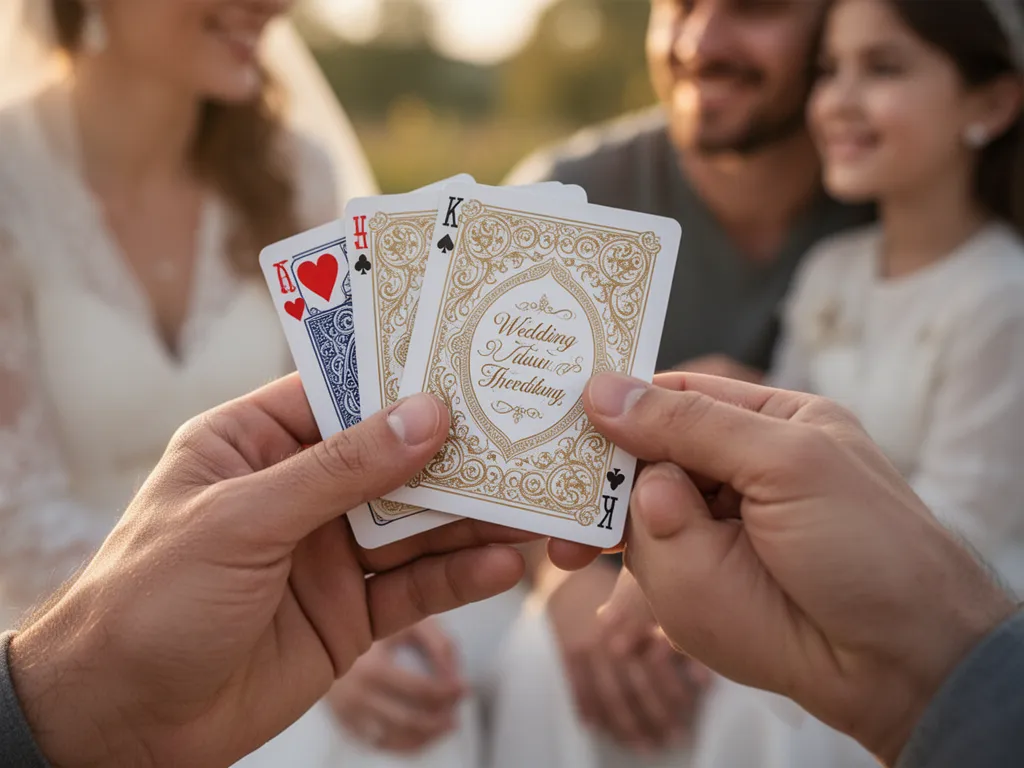 Detailed close-up of custom wedding playing card deck held in hands with ornate design visible