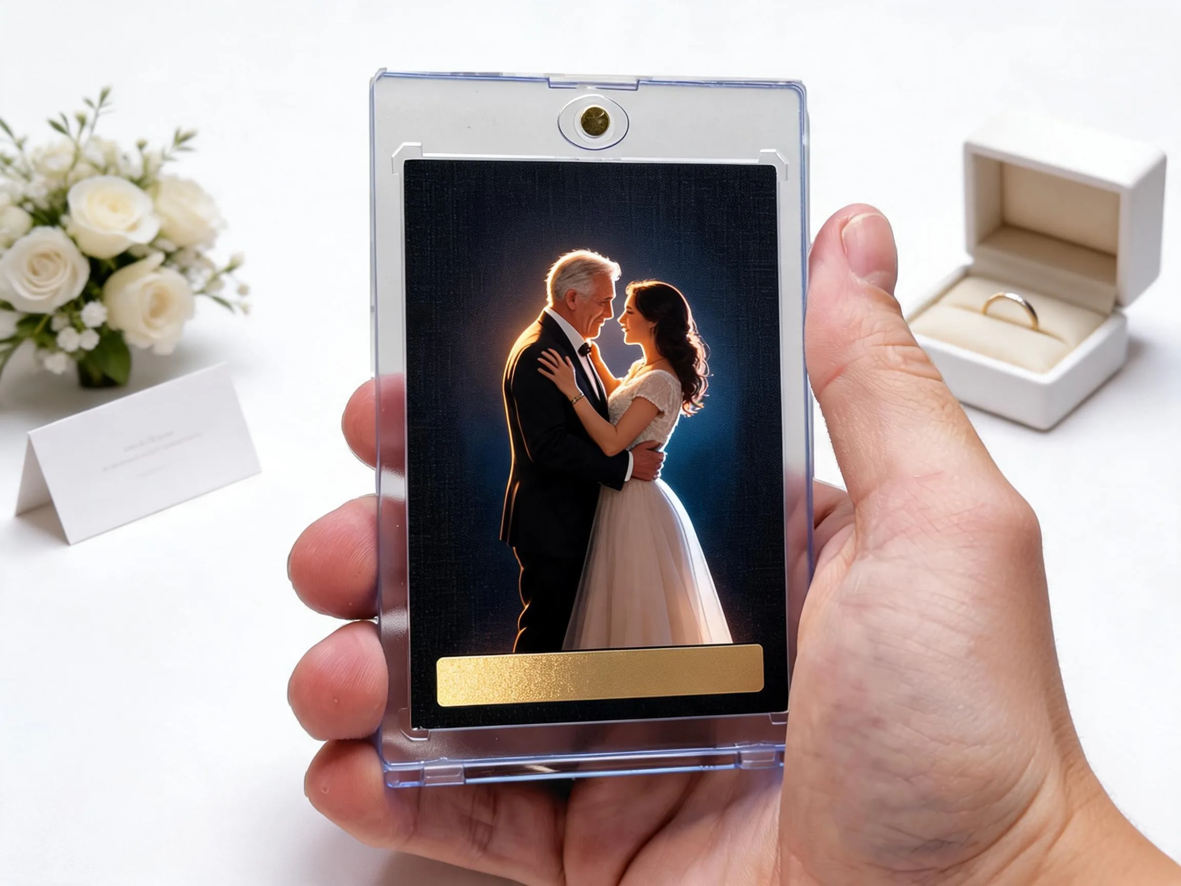 Custom wedding keepsake trading card of a couple in a clear magnetic display case.
