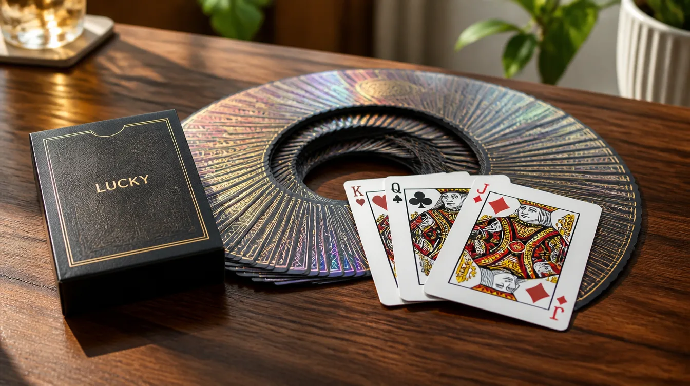 Personalized deck of playing cards fanned out beside its custom tuck box
